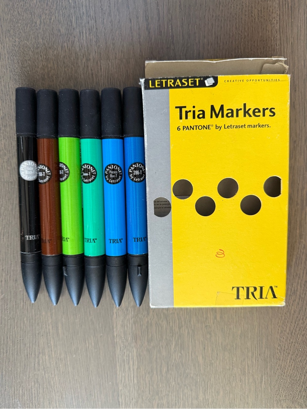 Letraset Tria Pantone Markers Set with Box - Black, Brown, Green, Teal, Blue